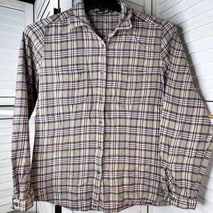 Woolrich Women's Plaid‎ Flannel Shirt Beige Purple Shale M 100% Cotton VGC